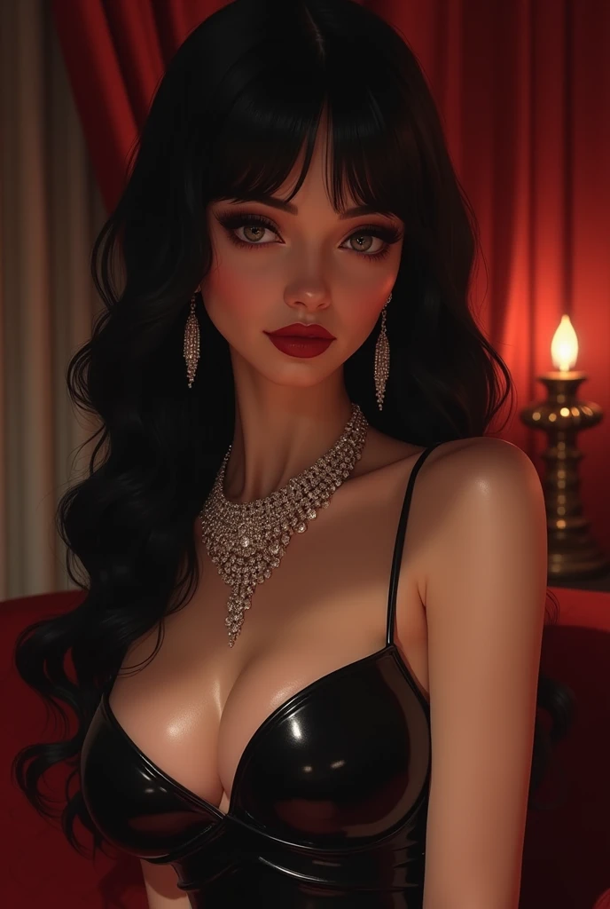 In a dimly lit, velvet-draped penthouse suite, a sultry black- haired femme fatale, 35 years young, poses with confidence and allure. Soft focus lighting emphasizes her porcelain complexion and full lips, painted a deep crimson red, as she wears a stunning evening gown adorned with diamonds and a statement piece around her neck. Her raven tresses cascade down her back like a waterfall of night. A sly smile plays on her lips, hinting at mischief, as the camera captures her from a slight angle, emphasizing her curves and the provocative glint in her eye.