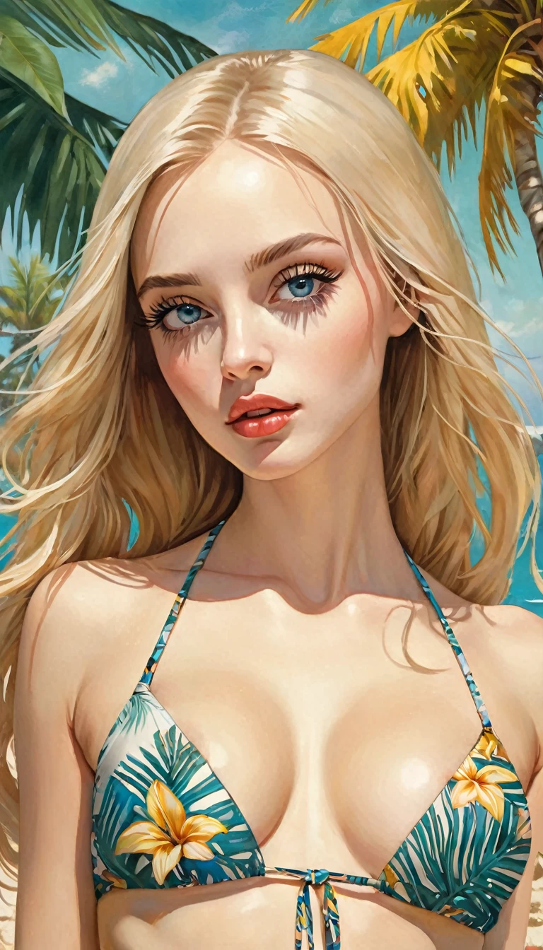 (photorealistic:1.9), (realistic photographic style:1.9), (hyperrealistic), (complexity). Amazing photorealistic portrait of a beautiful woman, long blonde hair, slim, small breasts, bored, spectacular tropical beach in the background, dynamic pose, bikini suit (masterpiece:1.3), (best quality:1.3), (very aesthetic: 1.3), (absurdities:1.3), (detailed background),newer,AI generated, (realistic:1.9), [[(ultra high detail:1.1), (sharp focus:1.1), (refined edges:1.1) , (HD clarity: 1.1), (precise details: 1.2), (rich texture): 0.3], (sharp details), (more micro details, more small details: 1.3)], ((high-definition eyes: 1.2), (realistic eyelashes: 1.2), (soft eye shading), (precisely defined iris: 1.1), precise details, precise micro detailed eyes), realistic, absurd,Woman, blonde hair, long hair, thin waist, small breasts, light skin, Kaffe Fassett style, Stephen Mackey style, art inspired by Bill Sienkiewicz and Dave McKean
