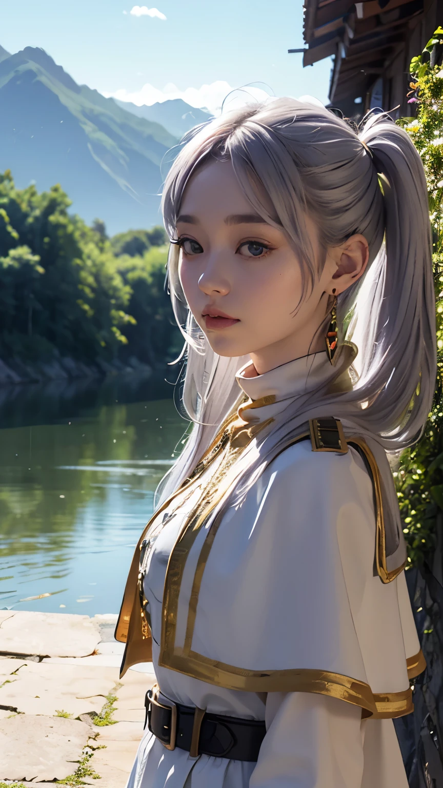 (Highest quality、Masterpiece)、Detailed landscape、(((Gray Hair)))、Beautiful detailed green eye、Detailed five fingers、quietな湖(Reflecting the vivid evening sky)、Color nuances、quiet、Freezing、1 person、Long Hair、Pointed Ears、Twin tails、Earrings、Capelet、白いCapelet、Long sleeve、Parted bangs、dress、belt、flower、Small breasts、Wide hips、See the scenery、Hide your hands、Close-up、