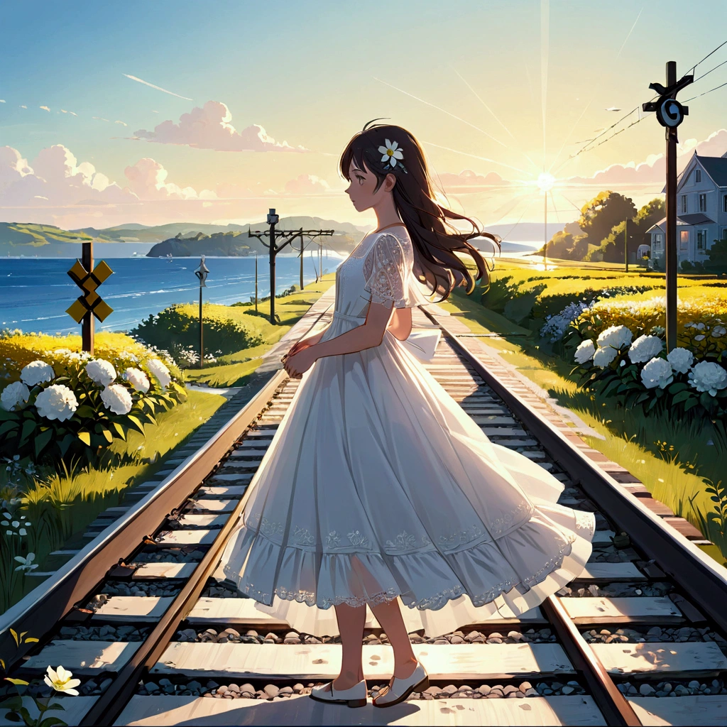 Yellow sky, railroad crossing, summer, youth, white dress, woman, white flower, nostalgic, sea, strong sunlight, flat color, delicate scenery
