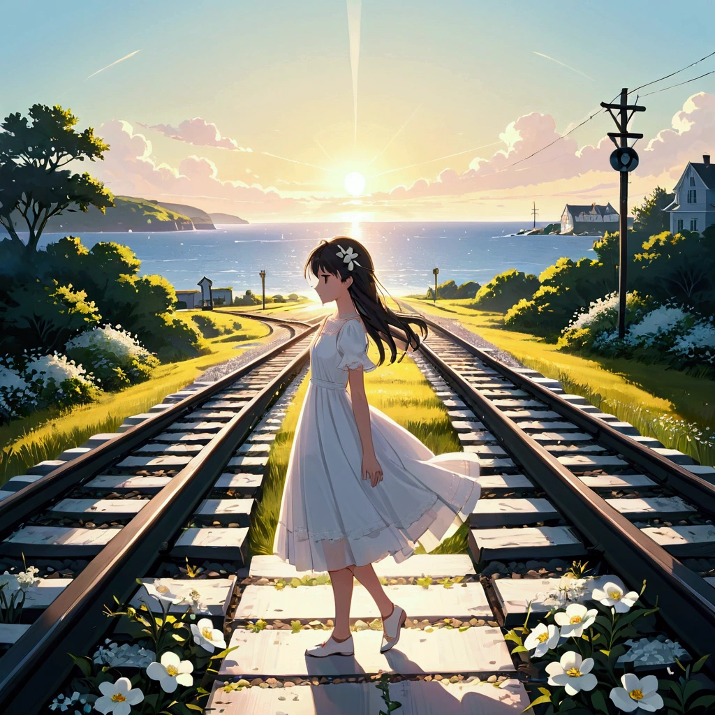 Yellow sky, railroad crossing, summer, youth, white dress, woman, white flower, nostalgic, sea, strong sunlight, flat color, delicate scenery