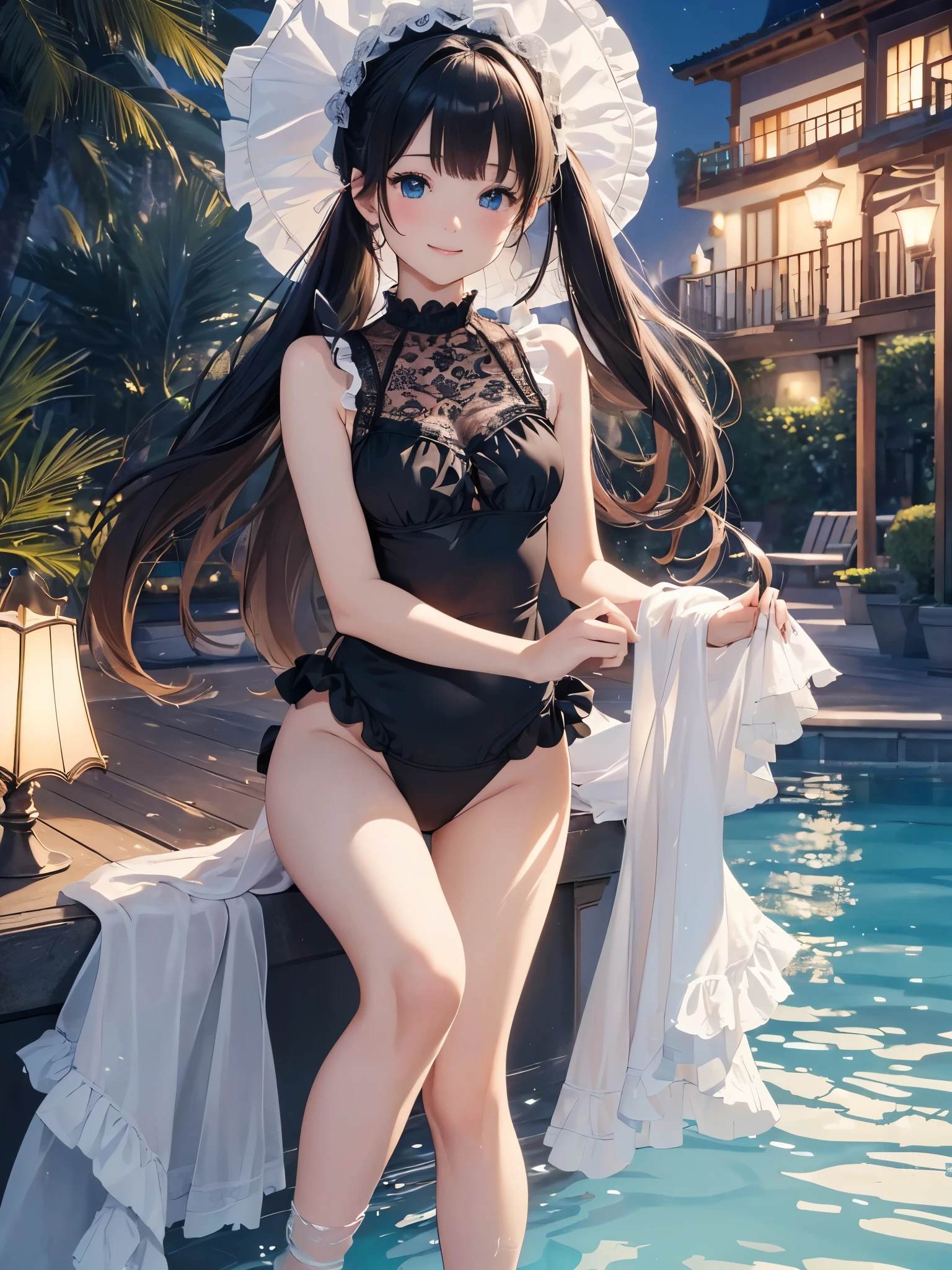 ((masterpiece)), ((highest quality、Ultra high definition)), (Very detailed),(8k、Photo quality)、((Amazingly cute girl)),1 girl)), Two people, , (Beautiful emerald blue eyes), ((smile、Small breasts)),In the open-air bath overlooking the sea, Beautifully arranged black hair in twin tails、Slim Body、((Cute swimsuit with lace and frills))、Professional Lighting、(White lace knee-highore detailed and beautiful)、(More details and cutenesore realistic)、((Just wear light clothing))、Frolic in the pool、((unbelievably cute))、((A cute pose))、((Night view))、(Have a drink to stay hydrated)、
