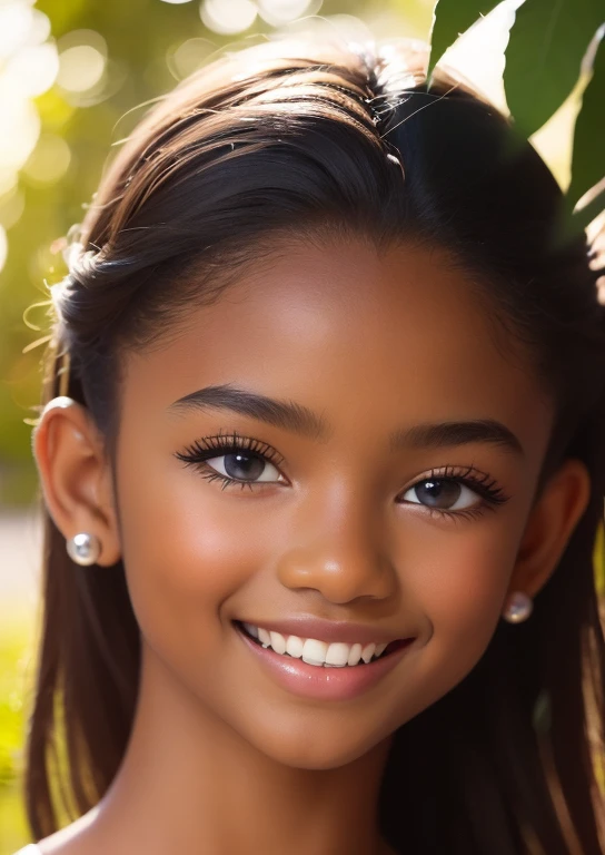 (portrait, editorial photograph) (beautiful black girl), adorable face, long brown curly hair, hazel eyes, by lee jeffries, nikon d850, film stock photograph ,4 kodak portra 400 ,camera f1.6 lens ,rich colors ,hyper realistic ,lifelike texture, dramatic lighting, (highly detailed face:1.4), perfect eyes, realistic iris, perfect teeth, (smile:0.7), (background dark, shadow of the leaves, moody, cleavage), sun rising, early morning light, Wishing for something, masterpiece, best quality, photorealistic, Citizen of Guinea-Bissau, very cute super model, perfect anatomy, skinny, ((1 girl)), (colorful reflections in the eye), (nudist), (smiling, white teeth), small nipples,(((( dark skin ))))