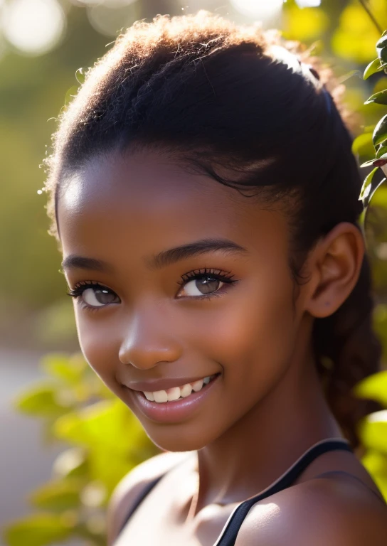 (portrait, editorial photograph) (beautiful black girl), adorable face, long brown curly hair, hazel eyes, by lee jeffries, nikon d850, film stock photograph ,4 kodak portra 400 ,camera f1.6 lens ,rich colors ,hyper realistic ,lifelike texture, dramatic lighting, (highly detailed face:1.4), perfect eyes, realistic iris, perfect teeth, (smile:0.7), (background dark, shadow of the leaves, moody, cleavage), sun rising, early morning light, Wishing for something, masterpiece, best quality, photorealistic, Citizen of Guinea-Bissau, very cute super model, perfect anatomy, skinny, ((1 girl)), (colorful reflections in the eye), (nudist), (smiling, white teeth), small nipples,(((( dark skin ))))