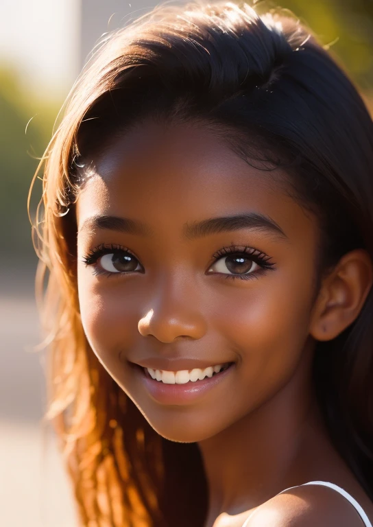 (portrait, editorial photograph) (beautiful black girl), adorable face, long brown curly hair, hazel eyes, by lee jeffries, nikon d850, film stock photograph ,4 kodak portra 400 ,camera f1.6 lens ,rich colors ,hyper realistic ,lifelike texture, dramatic lighting, (highly detailed face:1.4), perfect eyes, realistic iris, perfect teeth, (smile:0.7), (background dark, shadow of the leaves, moody, cleavage), sun rising, early morning light, Wishing for something, masterpiece, best quality, photorealistic, Citizen of Guinea-Bissau, very cute super model, perfect anatomy, skinny, ((1 girl)), (colorful reflections in the eye), (nudist), (smiling, white teeth), small nipples,(((( dark skin ))))