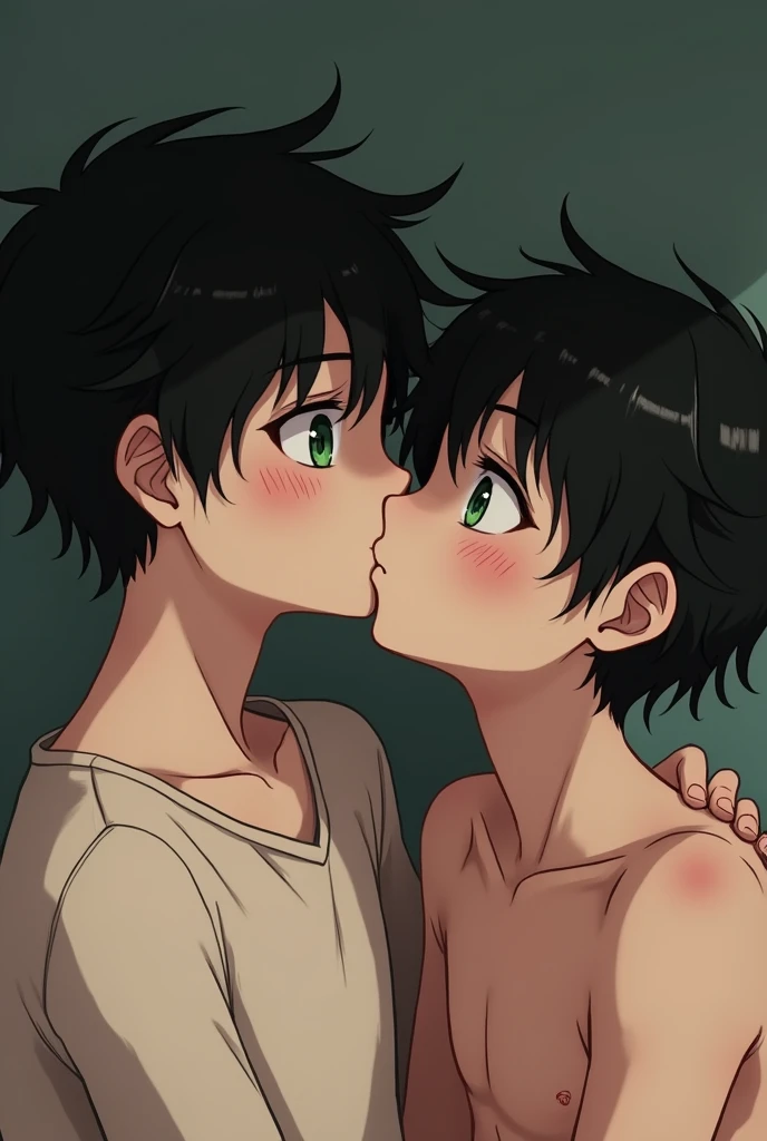Black haired boy with green eyes having sex with another boy with black hair, light skin and black eyes