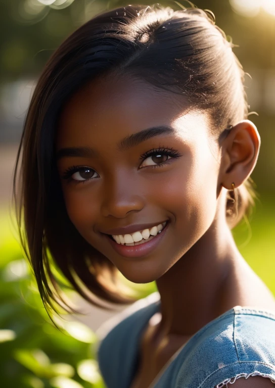 (portrait, editorial photograph) (beautiful black girl), adorable face, long brown curly hair, hazel eyes, by lee jeffries, nikon d850, film stock photograph ,4 kodak portra 400 ,camera f1.6 lens ,rich colors ,hyper realistic ,lifelike texture, dramatic lighting, (highly detailed face:1.4), perfect eyes, realistic iris, perfect teeth, (smile:0.7), (background dark, shadow of the leaves, moody, cleavage), sun rising, early morning light, Wishing for something, masterpiece, best quality, photorealistic, Citizen of Guinea-Bissau, very cute super model, perfect anatomy, skinny, ((1 girl)), (colorful reflections in the eye), (nudist), (smiling, white teeth), small nipples,(((( dark skin ))))