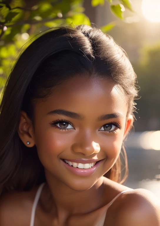 (portrait, editorial photograph) (beautiful black girl), adorable face, long brown curly hair, hazel eyes, by lee jeffries, nikon d850, film stock photograph ,4 kodak portra 400 ,camera f1.6 lens ,rich colors ,hyper realistic ,lifelike texture, dramatic lighting, (highly detailed face:1.4), perfect eyes, realistic iris, perfect teeth, (smile:0.7), (background dark, shadow of the leaves, moody, cleavage), sun rising, early morning light, Wishing for something, masterpiece, best quality, photorealistic, Citizen of Guinea-Bissau, very cute super model, perfect anatomy, skinny, ((1 girl)), (colorful reflections in the eye), (nudist), (smiling, white teeth), small nipples,(((( dark skin ))))