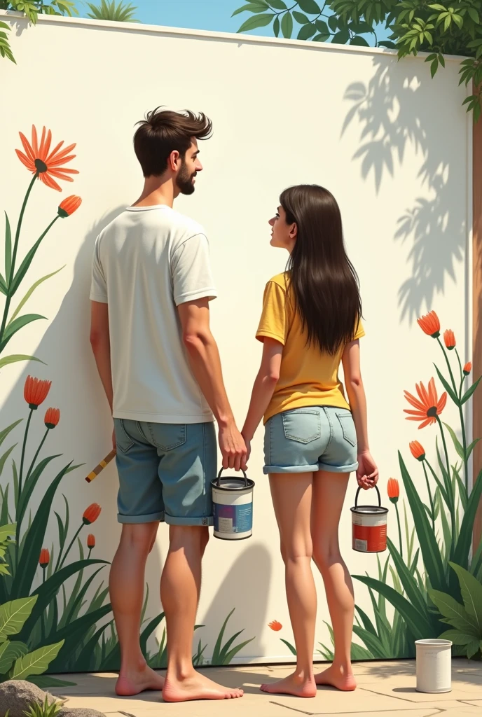 A tall, thin man, in a t-shirt and shorts, woman who is not thin, in light clothing, Both are barefoot, painting a large wall with a garden theme. The painting is incomplete. They are holding paint and brushes. They are relaxed and smiling.