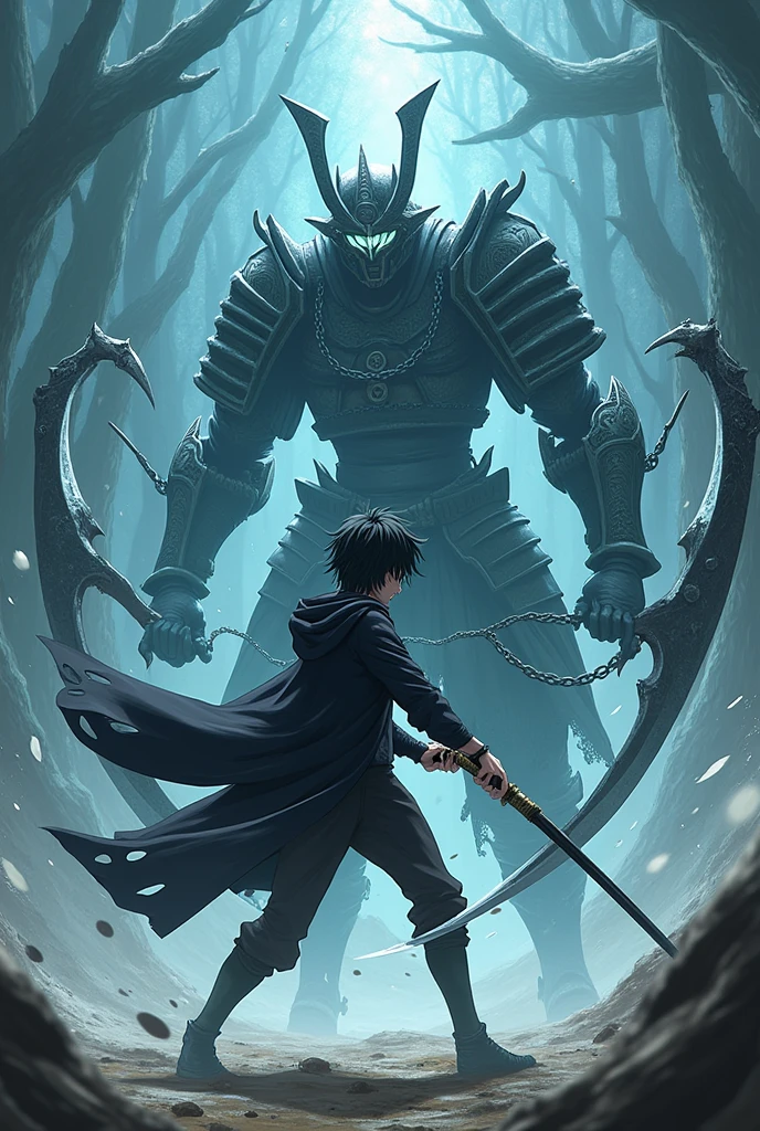 I want you to create a blind anime style male character with white eyes with a samurai cookie fighting with two scythes connected to an iron chain