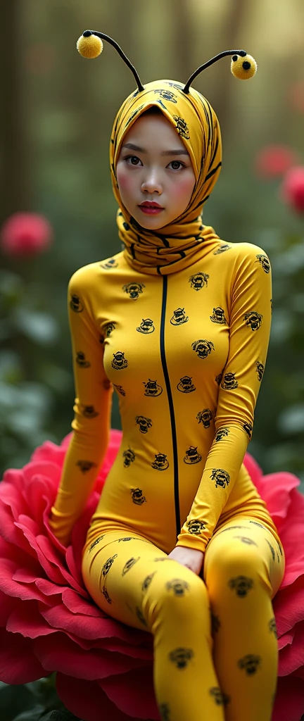 the beautiful,slender thin and prettiest Asian muslimah adult girl with beautiful cheeks wears yellow bee lycra turtleneck unitard catsuit covered with seamless black stripes with a pair of bee wings and always wear bee lycra elastane stretchy dance wear hijab covered with seamless stripes with antennae.She is sitting on the red rose.