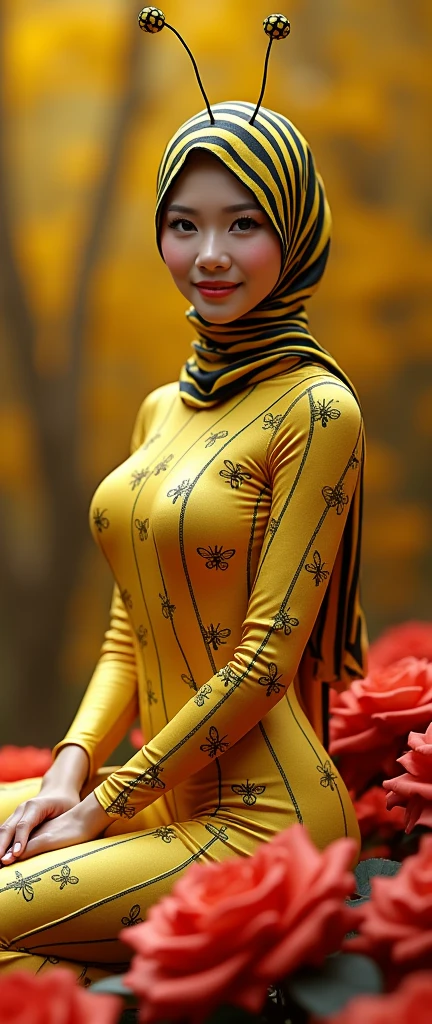 the beautiful,slender thin and prettiest Asian muslimah adult girl with beautiful cheeks wears yellow bee lycra turtleneck unitard catsuit covered with seamless black stripes with a pair of bee wings and always wear bee lycra elastane stretchy dance wear hijab covered with seamless stripes with antennae.She is sitting on the red rose.
