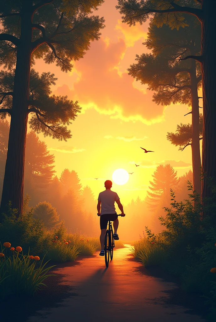 A man cycling in beautiful evening near  green forest , birds are flying 