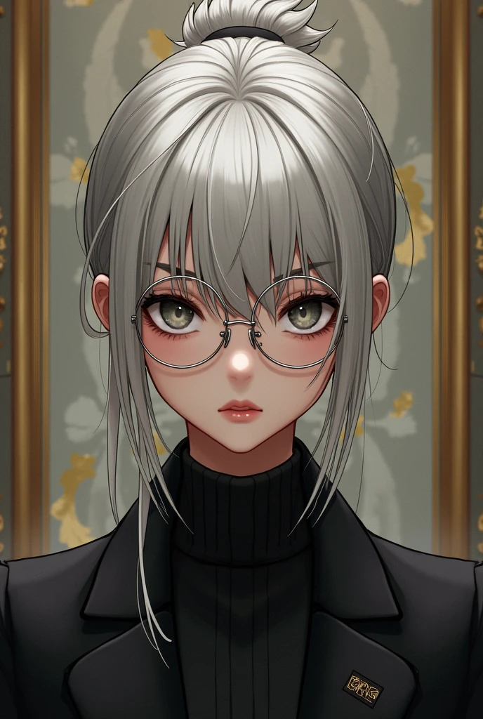 A Cool and emotionless boyish with short ponytail silver Blonde hair and blank onyx colored eyes, mole on the bottom right cheek and a silver framed glasses with a regal background
