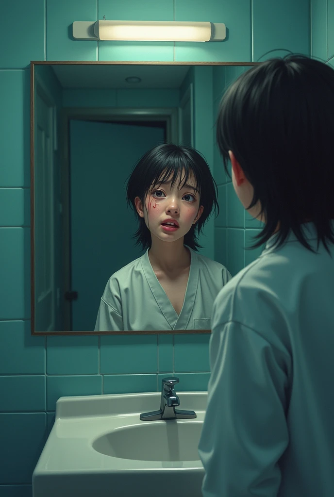 A young psychiatric patient leaves the room to vomit in the bathroom and looks up in the mirror, crying as the female doctor leaves the bathroom.