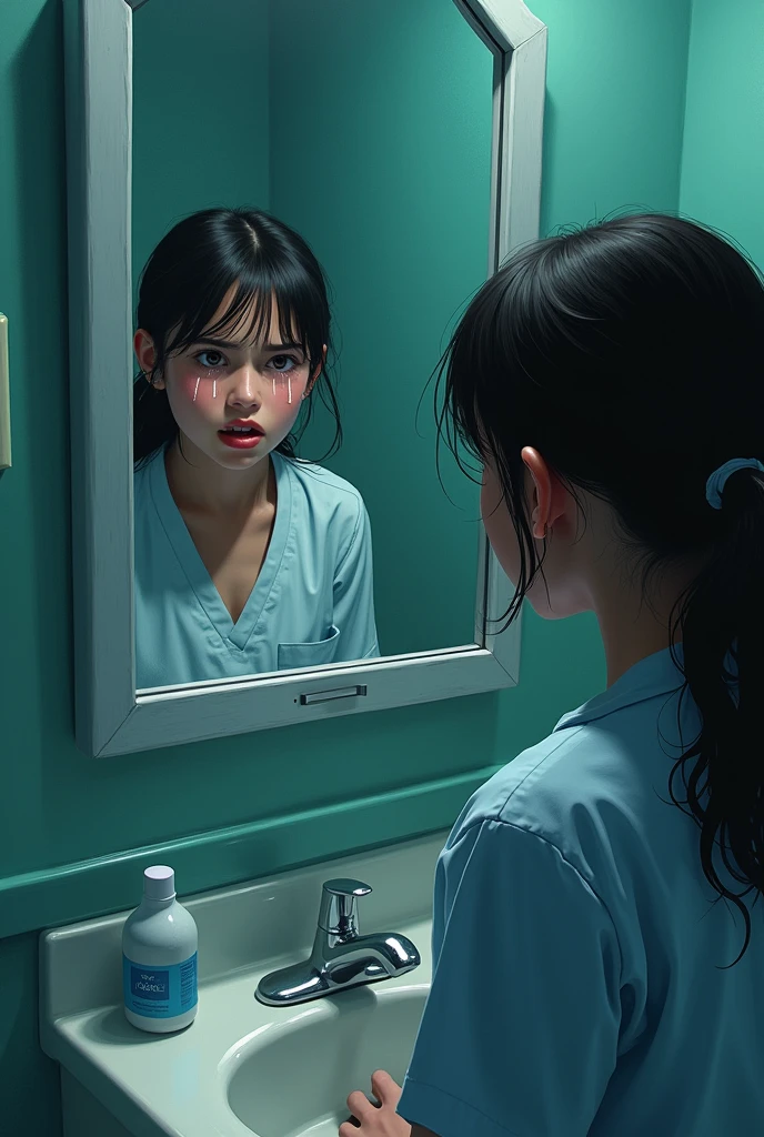 A young psychiatric patient leaves the room to vomit in the bathroom and looks up in the mirror, crying as the female doctor leaves the bathroom.