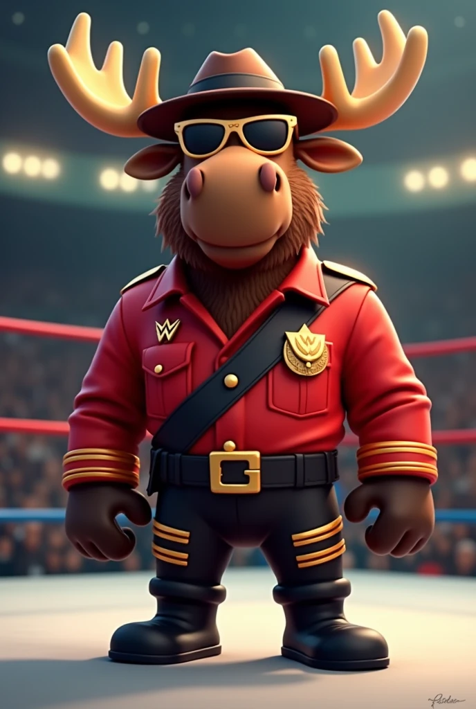 Cartoon moose dressed like WWE wrestler the mountie
Cartoon moose. Cartoon moose head. Moose face
Gold glasses with black shades.
Red mountie jacket with black sash.
Brown mountie hat. Black mountie pants with yellow stripes down each side. Black wrestling boots.
Standing in a wrestling ring.