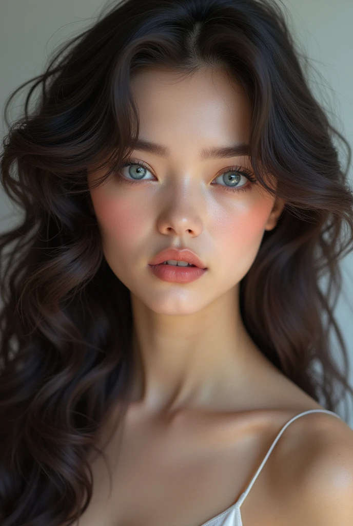 a gril with fair skin, pinkish perfecly proportioned lips, dark blue mixed grey eyes, longbeyebrows, double eyelids, most beautiful, has wide, big, volumed long hair with big curls