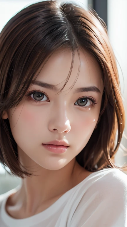Highest quality、8k傑作、Ultra-high resolution、(Photorealistic:1.3)、RAW Photos、1 person、Brown hair short bob、Glowing Skin、1 personの超美人女子大生、((Ultra-Realistic Details))、Portrait、Global Illumination、Shadow、Octane Rendering、8k、Super sharp、Very intricate details、Realistic Light、CGSoation Trend、Beautiful Eyes、Shining Eyes、To the camera、White oversizedTshirt、sheer、blush、amount、Put your hands above your head