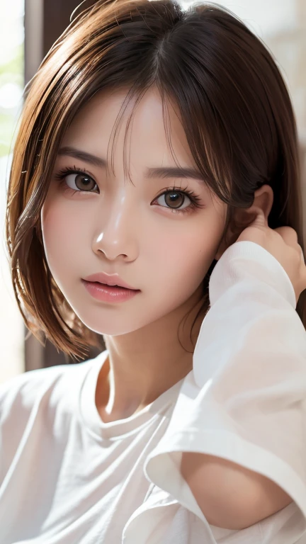 Highest quality、8k傑作、Ultra-high resolution、(Photorealistic:1.3)、RAW Photos、1 person、Brown hair short bob、Glowing Skin、1 personの超美人女子大生、((Ultra-Realistic Details))、Portrait、Global Illumination、Shadow、Octane Rendering、8k、Super sharp、Very intricate details、Realistic Light、CGSoation Trend、Beautiful Eyes、Shining Eyes、To the camera、White oversizedTshirt、sheer、blush、amount、Put your hands above your head