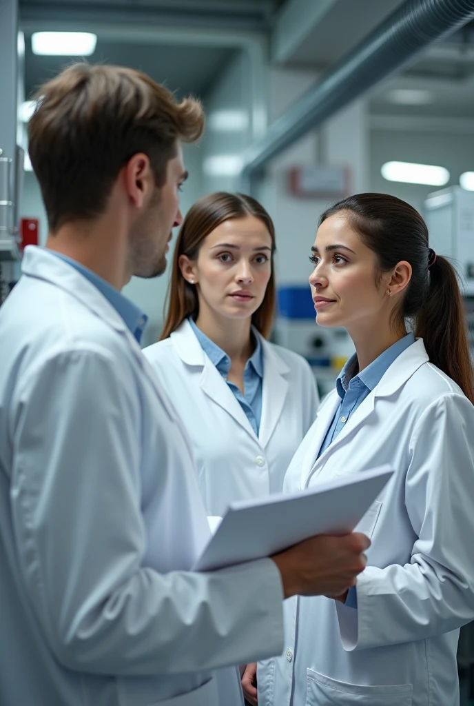Create two people who are being audited for quality, and food safety and the auditor. Who are being audited wearing lab coats, one female and one young man and they are in the lab, the auditor is middle age woman, not animation, photo, their faces are visible. It is an audit, this should be clear. Auidtor should hold documents her hand