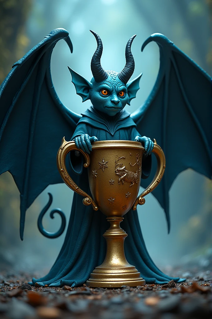 Harry Potter's imp transforming into the house cup, but the cup has devilish and blue wings