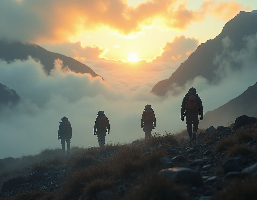In the style of real movies，Sky with clouds in the background, Walking on the clouds and mist, Iceland photography, Combat and adventure photography, Max Reeve, Iceland, Unsplash contest winning photos, Cross the mountains, pexels contest winners, At sunrise, sci-fi of Iceland landscape, author：Anna Heifesch, Iceland landscape photography, Travelers from afar