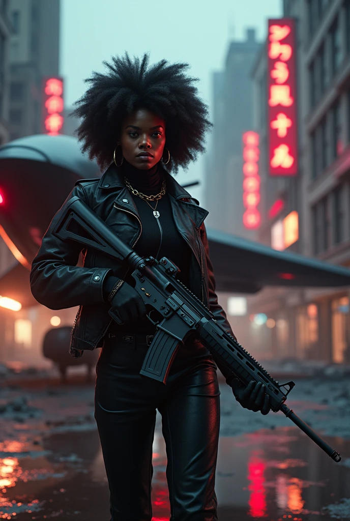 This is a CG Unity 8k wallpaper with ultra-detailed, high-resolution and top quality in cyberpunk style, dominated by black and red. In the high resolution photo, a tactical brave and  beautiful afroamerican girl dynamic pose action holding heavy assault rifle point to the camera, stunning cool afro hair, a delicate face, wearing a steam mecha mask, standing on the ruins, behind her is assisted by  huge cutting edge war Dron that protects and assist to her in the danger sits. Atmospheric neon noir dramatic lits, realistic photography extremely cinematic film, muted colors, cyber, visser, Masterpiece, depth-field,