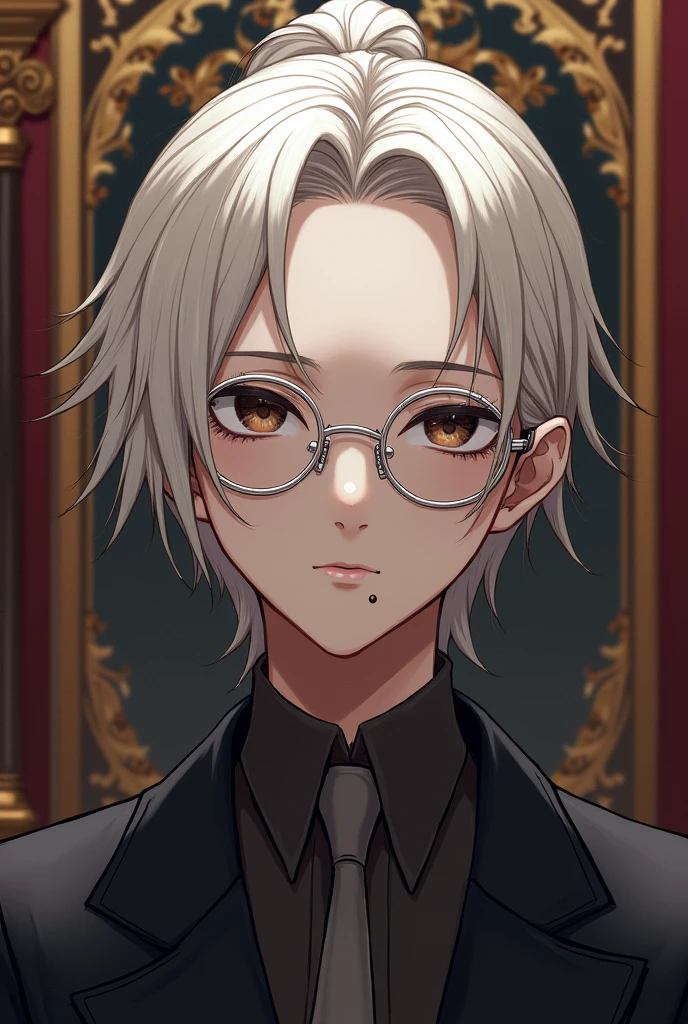 A Cool and emotionless boyish with short ponytail silver Blonde hair and blank onyx colored eyes, mole on the bottom right cheek and a silver framed glasses with a regal background