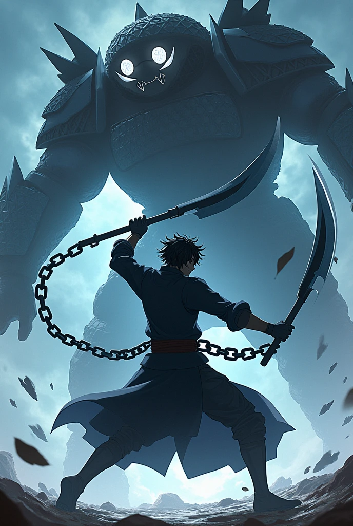 I want you to create a blind anime style male character with white eyes with a samurai cookie fighting with two scythes connected to an iron chain