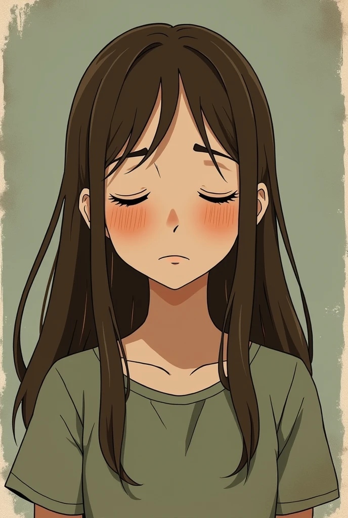 A brown color vibes girl pic . It should be a cartoon. Slide sad pic with a faded filter. The pic should have a old vibe. Her hair should long. Ghibli images will be preferable. Her eyes have to be closed. Old cartoon vibe should have. The filter of the pic should be a old vibe.