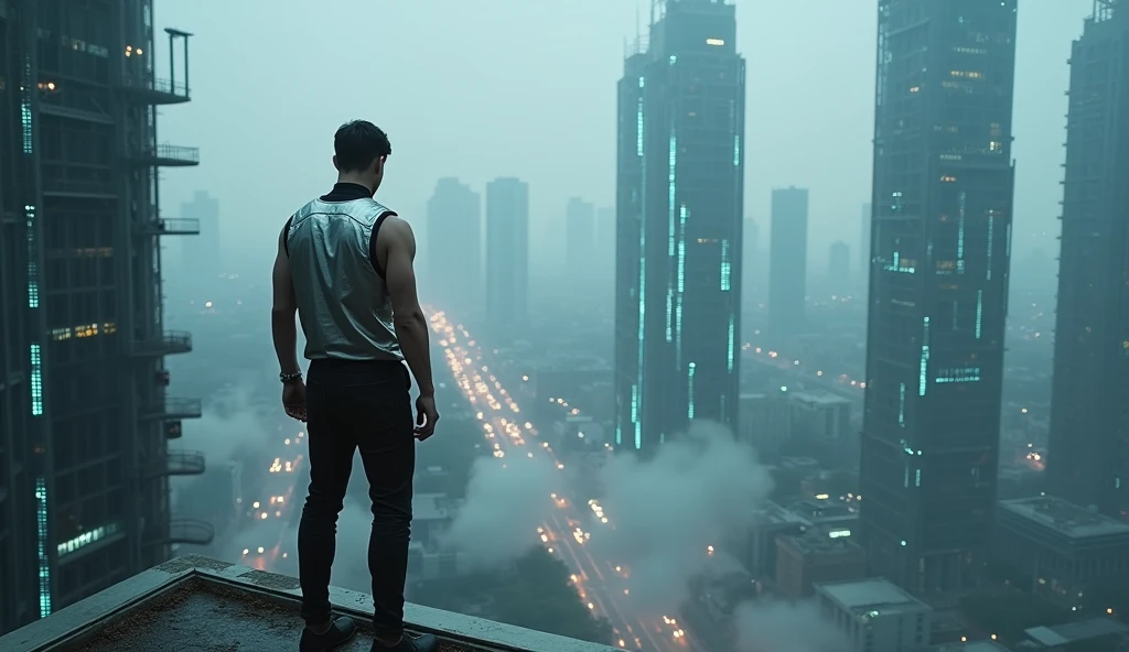 Asia male standing on the top floor of a building in cyberpunk Saigon city, wearing a silver tech vest, his eyes searching. Setting: Gray city, deserted streets, skyscrapers with sparkling blue LED lights. Lighting: Gray tones with dim neon lights. Effects: Smoke and blue light running along the buildings. Special: Stifling and quiet atmosphere, city not activated.