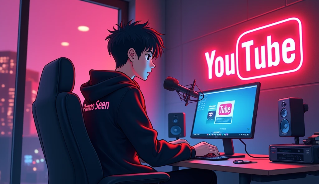 Create a vibrant and extremely engaging anime-style 2 boy with a smart appearance, sitting in front of a computer desk. He is wearing a black and red hoodie with the Channel Name 'Promo Seen' on it. The setup includes a microphone and a laptop on the desk. The background features a large YouTube logo on the wall, surrounded by various recording equipment. Ensure the studio has a modern YouTube aesthetic with professional lighting to make the avatar stand out. Add a neon light design font spelling out 'PROMO SEEN' on the wall. The overall scene should be dynamic and visually appealing, perfect for an Al talking avatar video.only singl boy.