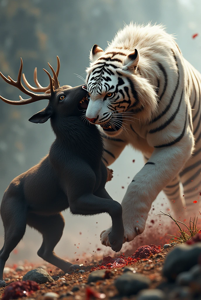 A white tiger fight the tiger the black deerwas defeated both the black deer and tiger are bleeding very seriously the 
 was in aggression 