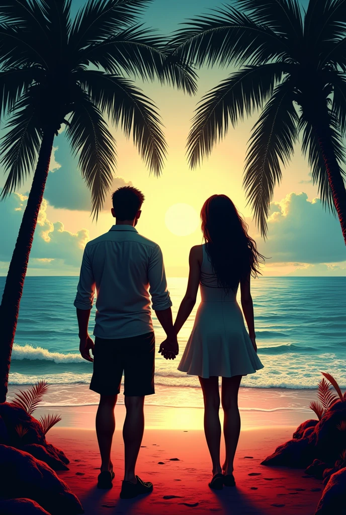 Bloody Beach, palmiers,
A man and a woman at the seaside from behind holding hands