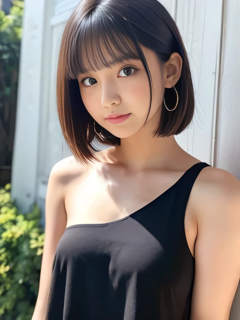 Beautiful girl in one-shoulder tank top, short bob, embarrassed expression