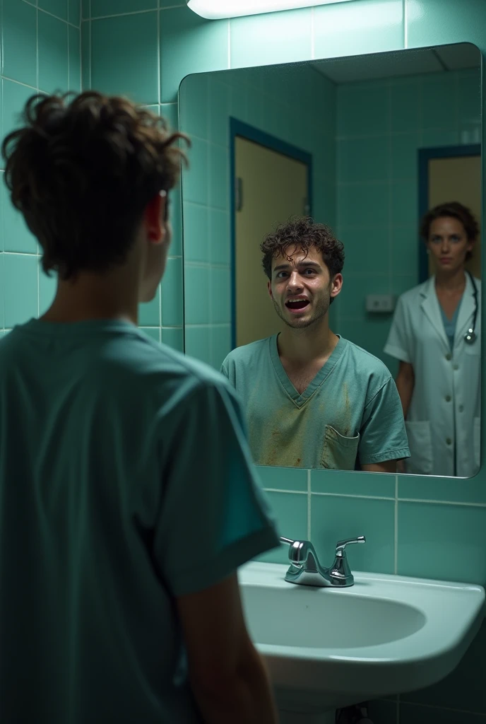 A young male psychiatric patient leaves the room to vomit in the bathroom and looks up in the mirror, crying as a female doctor leaves the bathroom.