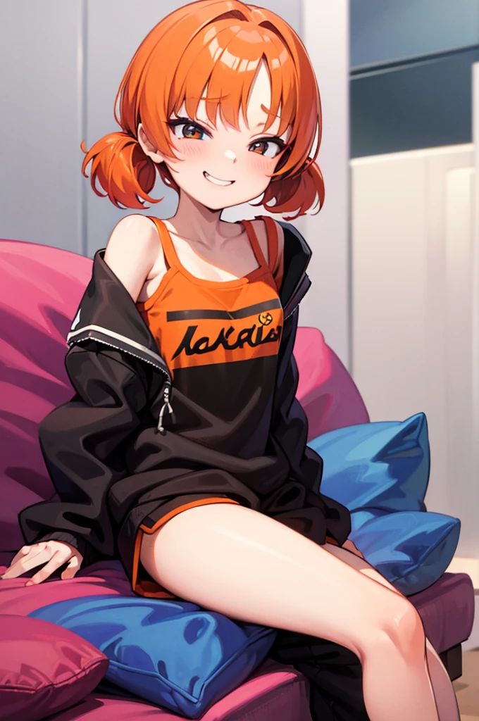 、One person、whole body、Orange Hair、Twin tails、short hair、Mischievous Smile、Loungewear、Loungewear