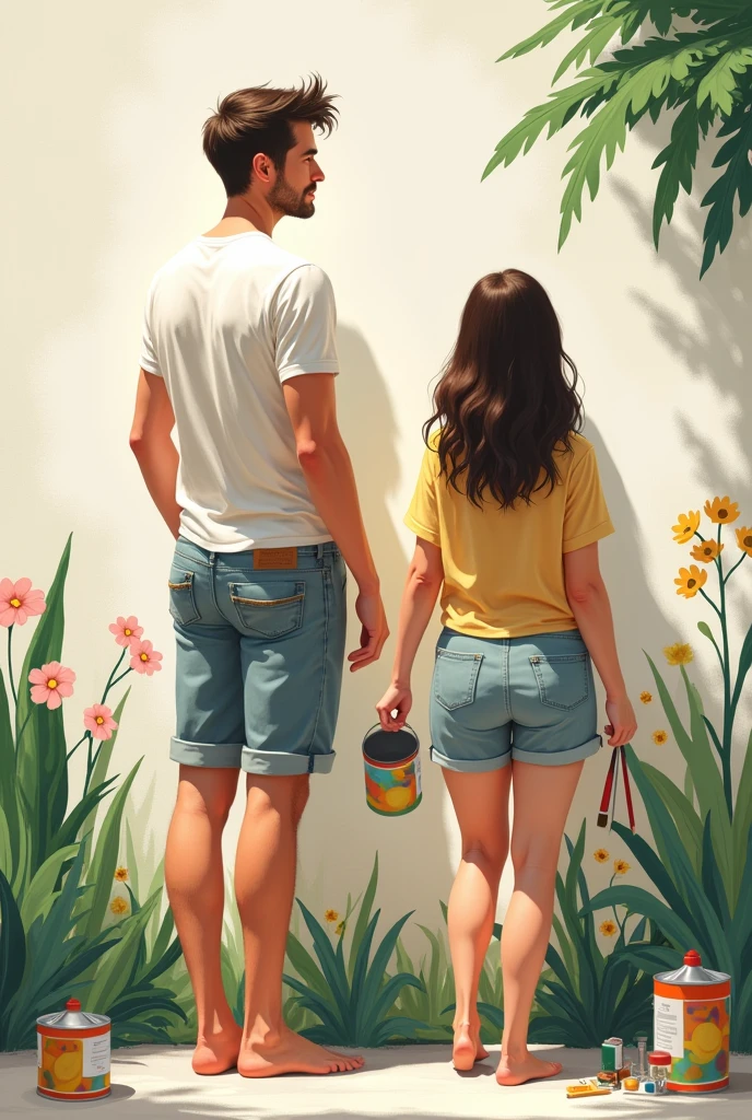 A tall, thin man, in a t-shirt and shorts, woman who is not thin, in light clothing, Both are barefoot, painting a large wall with a garden theme. The painting is incomplete. They are holding paint and brushes. They are relaxed and smiling.