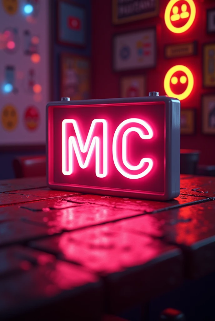 
a close up of a neon sign that says MC on a table, 8 k cg render, blender 3 d 8 k, 8 k blender render, in game style 8k, 8 k volumetric lighting, background artwork, 8k highly detailed ❤️‍🔥 🔥 💀 🤖 🚀, 8 k backlit, 8 k highly detailed ❤🔥 🔥 💀 🤖 🚀