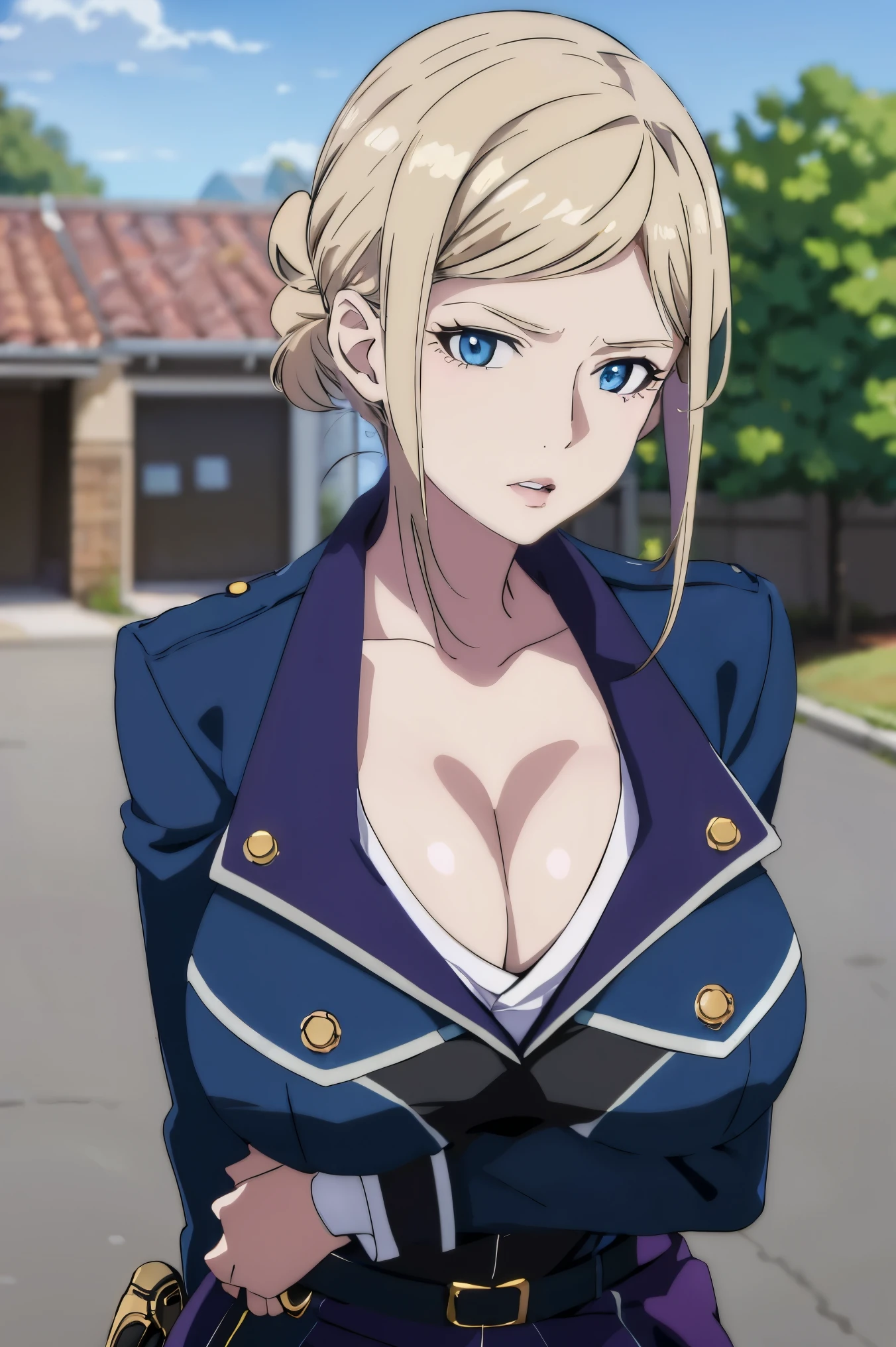 masterpiece, ((blue millitary uniform)), ((cleavage)) (best quality), (solo), 1girl, , blonde hair, purple hair , (short skirt), blue eyes, sexy woman,  hair ornament, vibrant colors , natural lighting, RTX, (huge tits), (detailed face:1.2), (perfect eyes:1.1) ,(photorealistic:1.1), 8k uhd, looking a viewer, outdoors, simple backround, emotionless, (upper body), standing pose, 