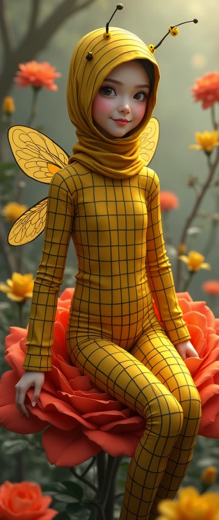 the beautiful,slender thin and prettiest Asian muslimah adult girl with beautiful cheeks wears striped yellow bee lycra turtleneck unitard catsuit covered with seamless black stripes with a pair of bee wings and always wear bee lycra elastane stretchy dance wear hijab covered with seamless stripes with antennae.She is sitting on the red rose.