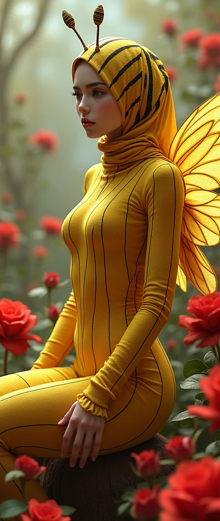 the beautiful,slender thin and prettiest Asian muslimah adult girl with beautiful cheeks wears striped yellow bee lycra turtleneck unitard catsuit covered with seamless black stripes with a pair of bee wings and always wear bee lycra elastane stretchy dance wear hijab covered with seamless stripes with antennae.She is sitting on the red rose.