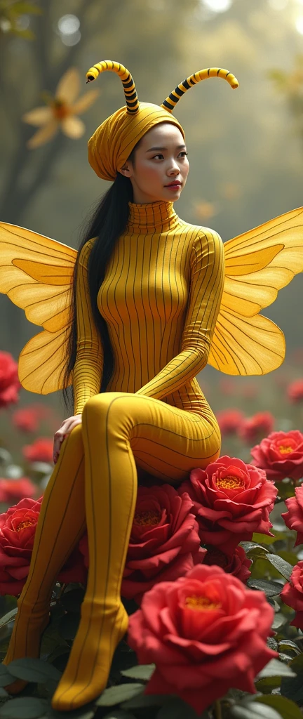 the beautiful,slender thin and prettiest Asian muslimah adult girl with beautiful cheeks wears striped yellow bee lycra turtleneck unitard catsuit covered with seamless black stripes with a pair of bee wings and always wear bee lycra elastane stretchy dance wear hijab covered with seamless stripes with antennae.She is sitting on the red rose.