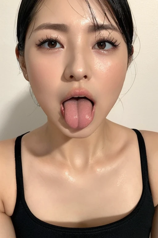 日本人woman,、Face close-up、Smooth Skin、masterpiece、Highest quality、8K Photo、((close your eyes and open your mouth slightly))、close your eyes、Suffering face、(Wrinkles around the eyes:1.2),woman, 2, Tank top、length, Pointed nose,,,,,,,,,,,,,,,Strong Nose、length, Narrow nostrils、Skin shiny with sweat、Lighting that highlights shiny sweat{Realistic nostrils}, Black-haired、((In front of a white wall))、Shapely breasts、(Super wet skin),((Ahegao,Sticking out a long tongue))(Close enough to kiss)、The tongue is moist