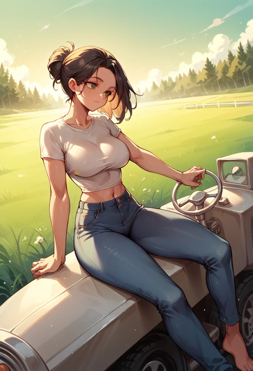 A beautiful girl, wearing tight jeans and top, is driving a tractor in a field filled with water and a few boobs are visible from her top.