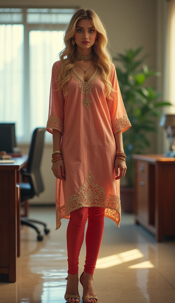 ((photo of 20 year old beautiful girl, beautiful and charming girl)), ,
(Girl in office, realistic and beautiful office room), 
((((Full body shot:1.5)))), (full body in picture:1.5), (full body photo Close-up photo of the shine), (Indian babe), (attention standing posture, separate legs), (looking at viewers, front view shot, from_fronts),
best quality, movie studio lighting, illustration at Very detailed, ultra high resolution, depth of field, caustic, natural shading,  masterpiece, hyper realistic, hyper detailed, photorealists, 8K, HDR, High resolution, (1girl), (Blurry background), (Bokeh), RAW photo, complicated details, extremely detailed, candid picture, candid shots, extreme detailed, highest detailed, (iconic picture shot, perfect brightness, perfect contrast), 
(hair is one eye, purple eyes, Golden blonde hair, side bangs, sharp eyeliner, blush eyeshadow with thick eyelashes, lip gloss  very delicate and beautiful, round chin, round earrings, sharp eyes, letter choker, symmetrical eyes), ,
(pretty face, iconic face, Young beauty spirit, Best face ever in the world), (detailed face, detailed eye, detailed lips, ultra realistic face, ultra realistic eye, ultra realistic lips), (attractive hair style, detailed hair style), (Perfect breasts, perfect symmetrical breasts, attractive breasts, perfect rounded breasts), (attractive body figure, perfect body figure, perfect curvy_figure, straight body figure, wide body posture, skin_tight),
(beautiful High heels), 
(beautiful girl in Indian outfits), , 
((embroidery fancy kurta), (embroidery kurta), embroidery luxury kurta, (fancy leggings, attractive leggings), attractive lace, skinny sleeves, lace up),