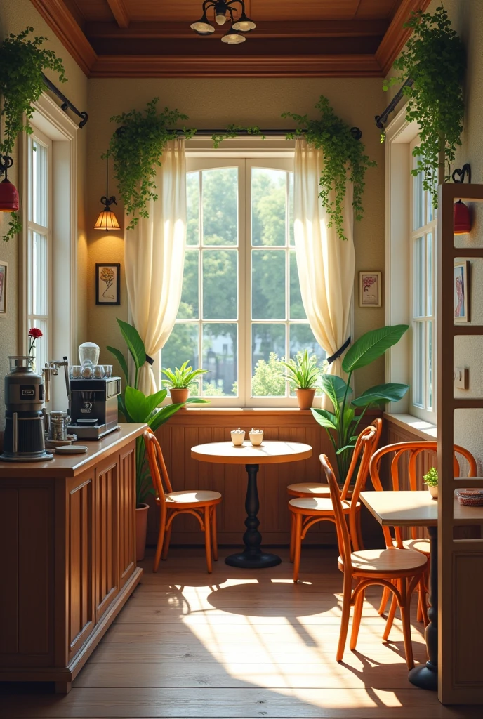 1200 square feet land Above it is a cafe which has an open area with a decorative wooden table and chair and in a corner counter There is a coffee machine and cafe equipment on top of it and a plant is kept on the table  