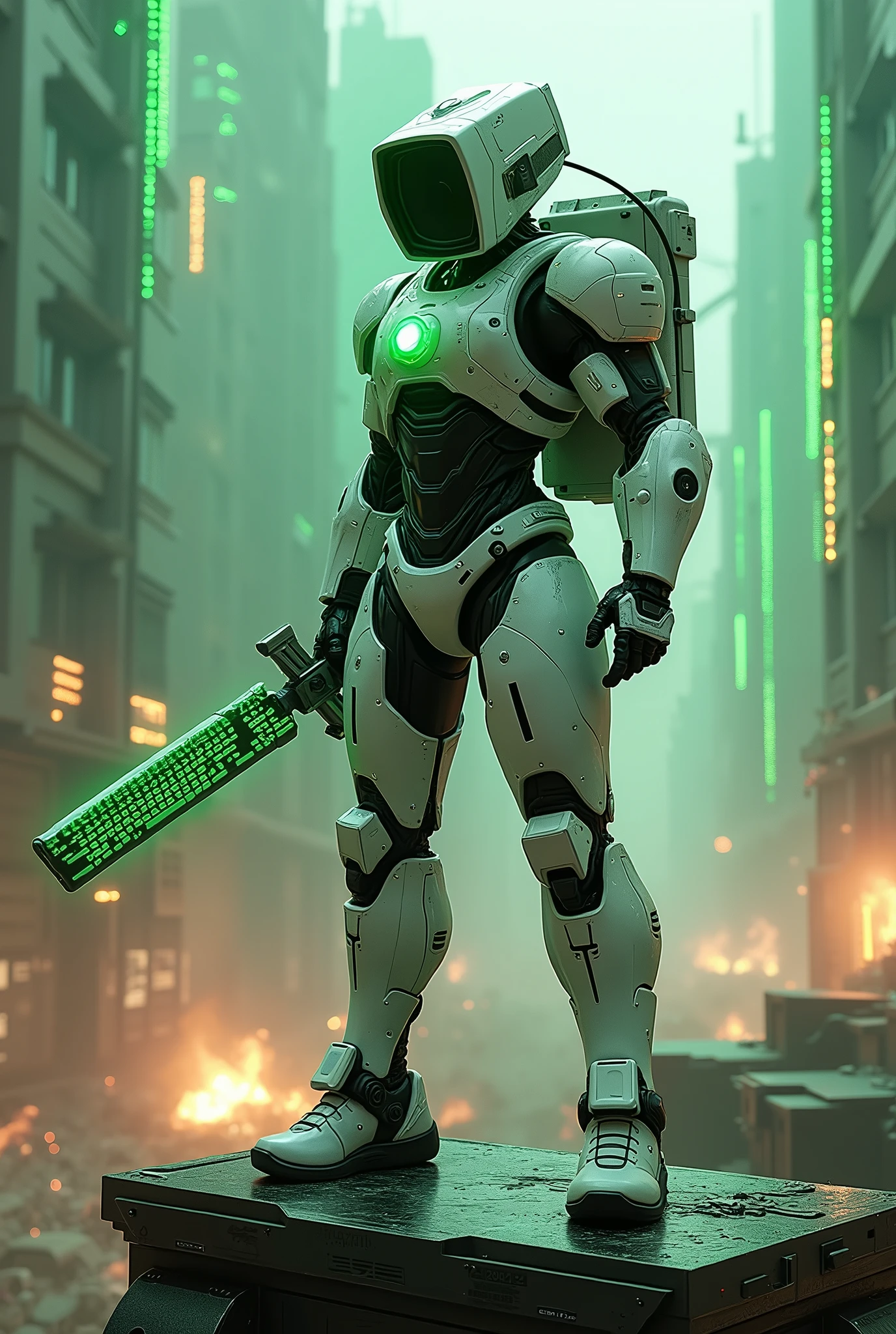 Man wear cyberpunk robocop armor suit white keyboard PC concept. Helmet like PC monitor.. Long mechanize Sword from classic white keyboard. Keyboard pad design as sword. Binoculars eyes.keyboard on chest. Big turn off button logo on chest glowing green ,. Holding keyboard sword. War background. Bombing effect background. Backpack cpu.(( Standing on the motherboard green circuit)).. city motherboard background. In digital dimensions. glowing green on circuit . Green matrix background.