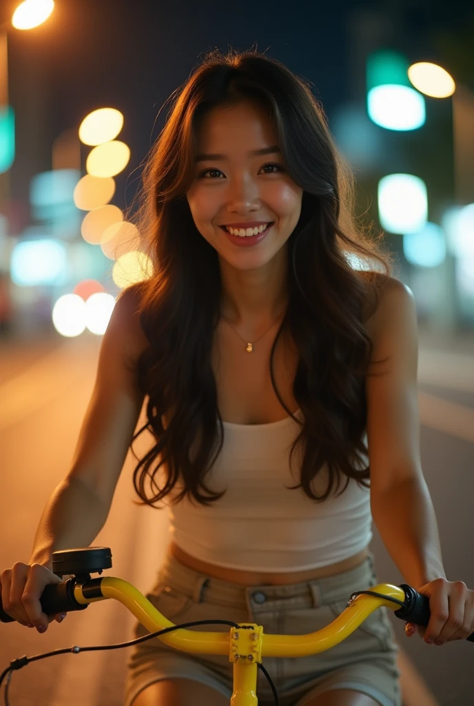 Japanese woman riding a yellow bicycle、(Long Wavy Hair:1.1)、Great cinema lighting、Very atmospheric and romantic lighting、Sparkling night view、Blurred night view、Perfect Anatomy、Slender body, Look at me and smile、Perfect Makeup、Long eyelashes、Ultra-high resolution sparkling eyes、Ultra high resolution hair、Ultra-high resolution glossy lips、Ultra-high resolution beautiful teeth、Super high resolution cute face、Blurred Background、Romantic affection、(Look at me and smile:1.1)